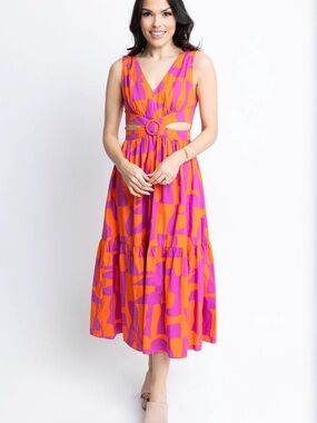 KARLIE Geometric Poplin Cut Out Maxi Dress SZ L